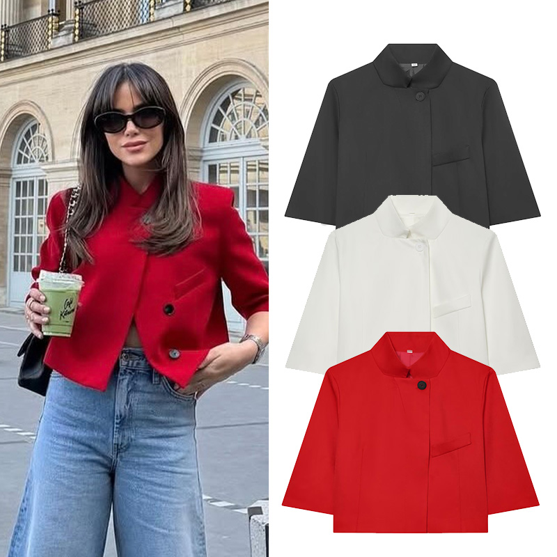 AliExpress Women's Cropped Short Blazer New 2026 Spring Summer High-Neck Short Sleeve Button Simple Solid Women Coat Female Chic Tops