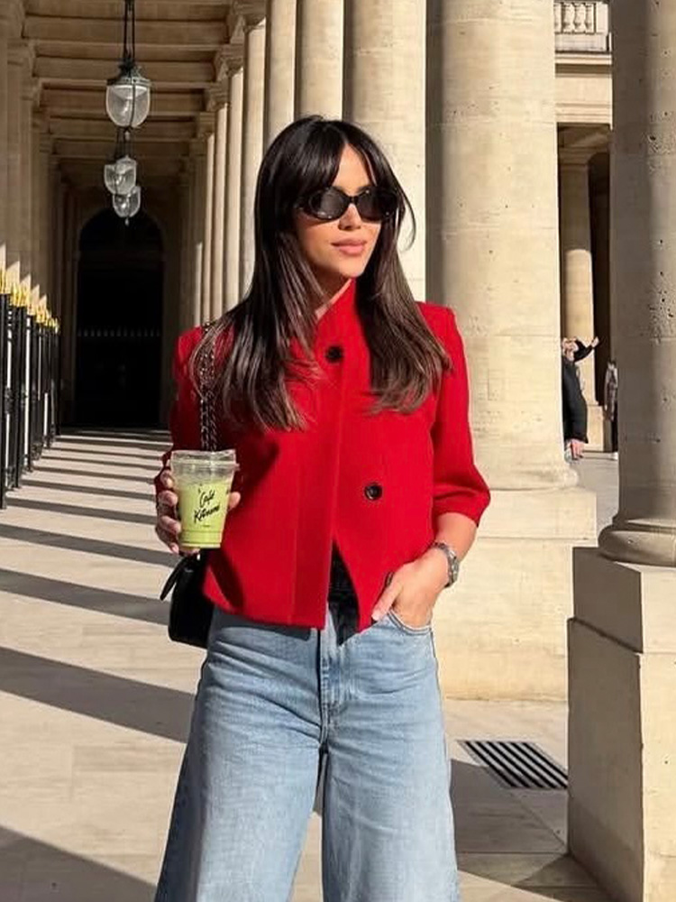 AliExpress Women's Cropped Short Blazer New 2026 Spring Summer High-Neck Short Sleeve Button Simple Solid Women Coat Female Chic Tops, view 2