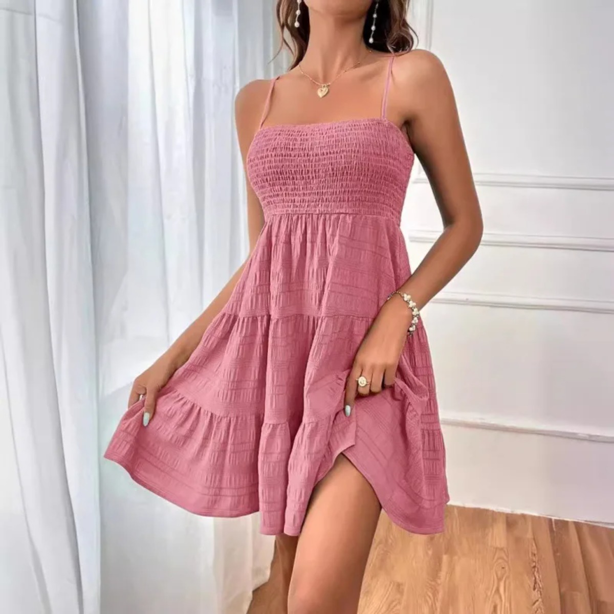 AliExpress Women's Fashion Spaghetti Strap Smocked Bustier Mini Dress Blue Ruffled Tiered Swing Dress Summer Casual Vacation Beach Wear