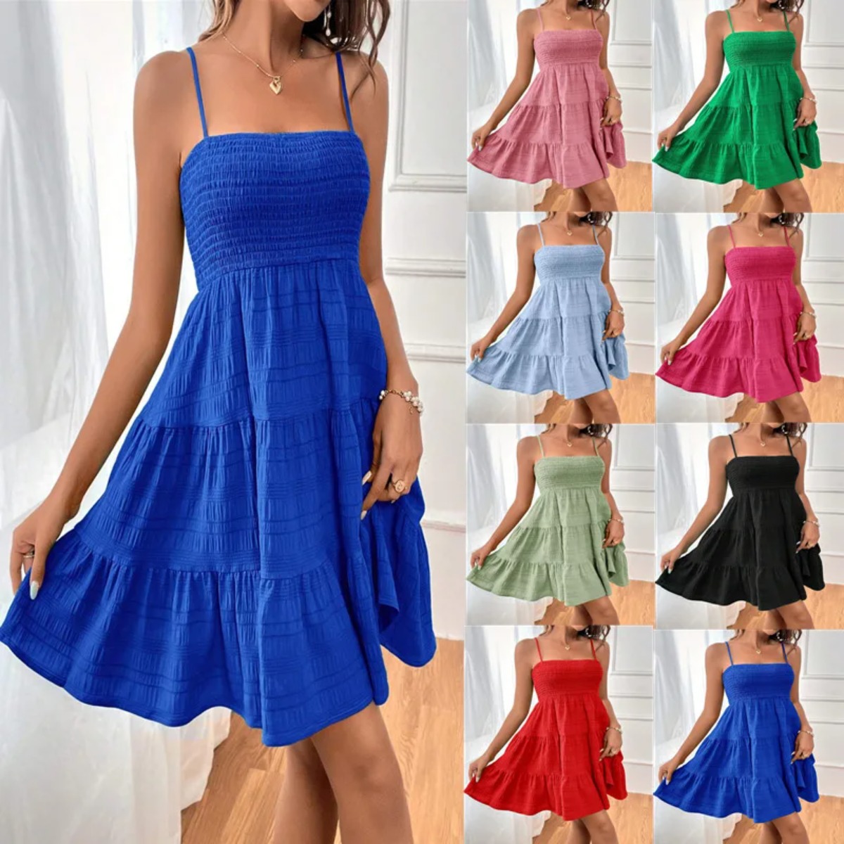 AliExpress Women's Fashion Spaghetti Strap Smocked Bustier Mini Dress Blue Ruffled Tiered Swing Dress Summer Casual Vacation Beach Wear, view 2