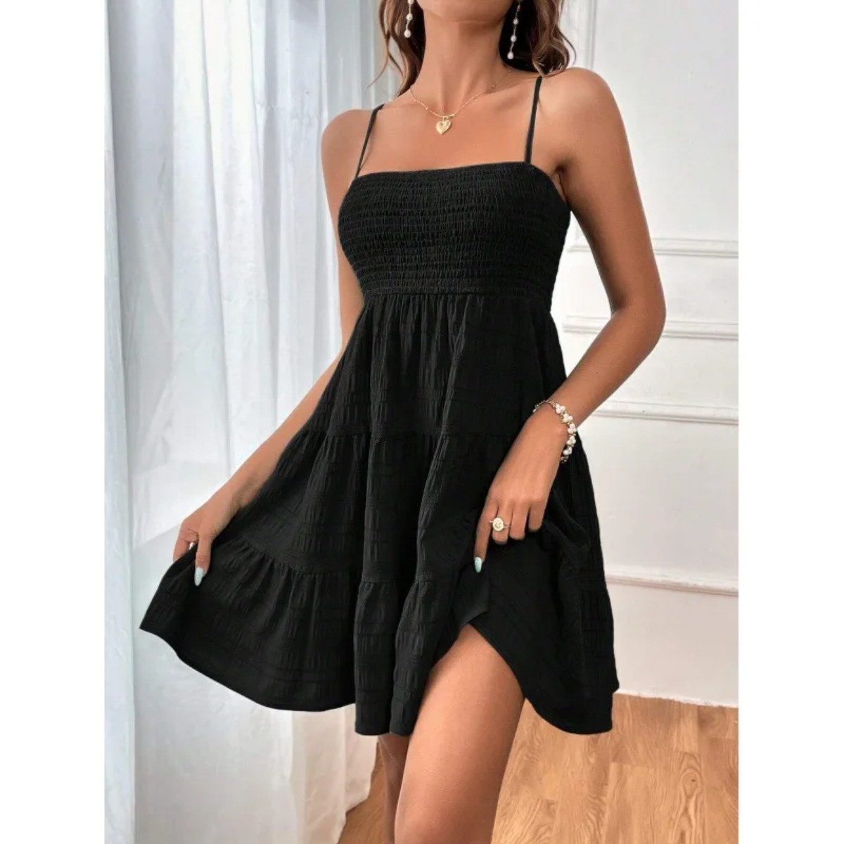 AliExpress Women's Fashion Spaghetti Strap Smocked Bustier Mini Dress Blue Ruffled Tiered Swing Dress Summer Casual Vacation Beach Wear, view 3