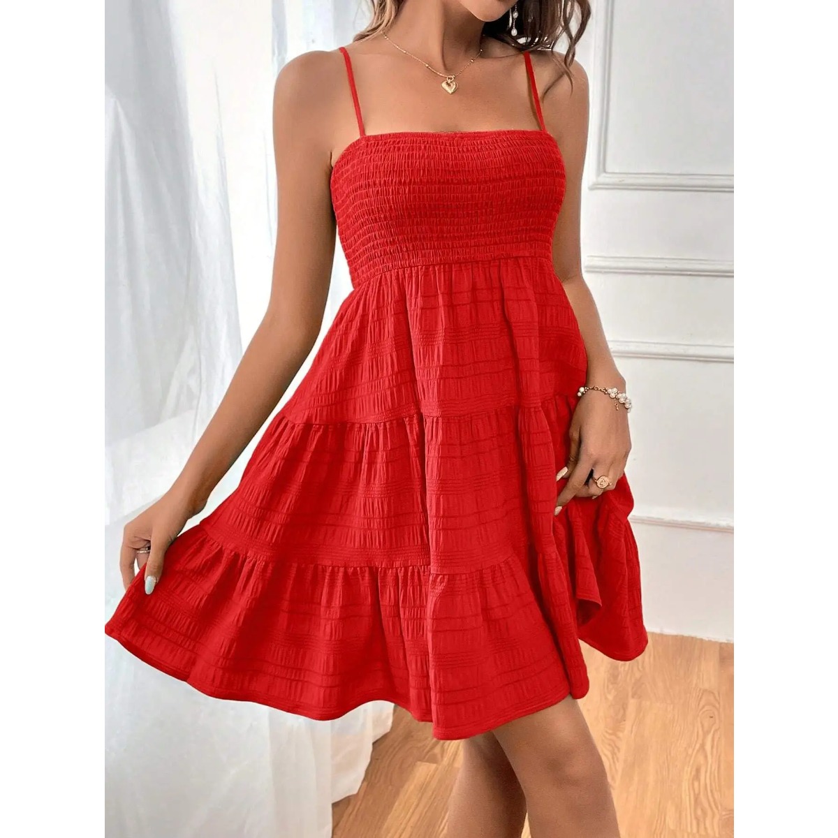 AliExpress Women's Fashion Spaghetti Strap Smocked Bustier Mini Dress Blue Ruffled Tiered Swing Dress Summer Casual Vacation Beach Wear, view 5
