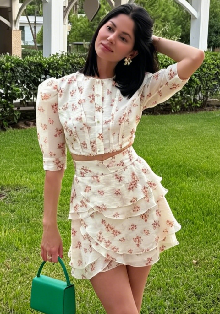 AliExpress Women's Floral Print Two Piece Set 2026 New Women Puff Sleeve Crop Top + Tiered Ruffle Mini Skirt Casual Vacation Party Outfit, view 4