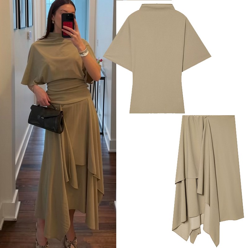 AliExpress Women's Flowing Midi Waist Skirts Sets New 2026 Spring Summer 2 Piece Loose High-Neck Top+ Asymmetric Skirts Female Outfit