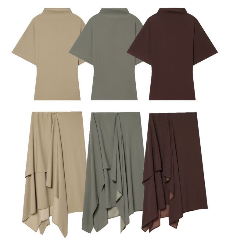 AliExpress Women's Flowing Midi Waist Skirts Sets New 2026 Spring Summer 2 Piece Loose High-Neck Top+ Asymmetric Skirts Female Outfit, view 2