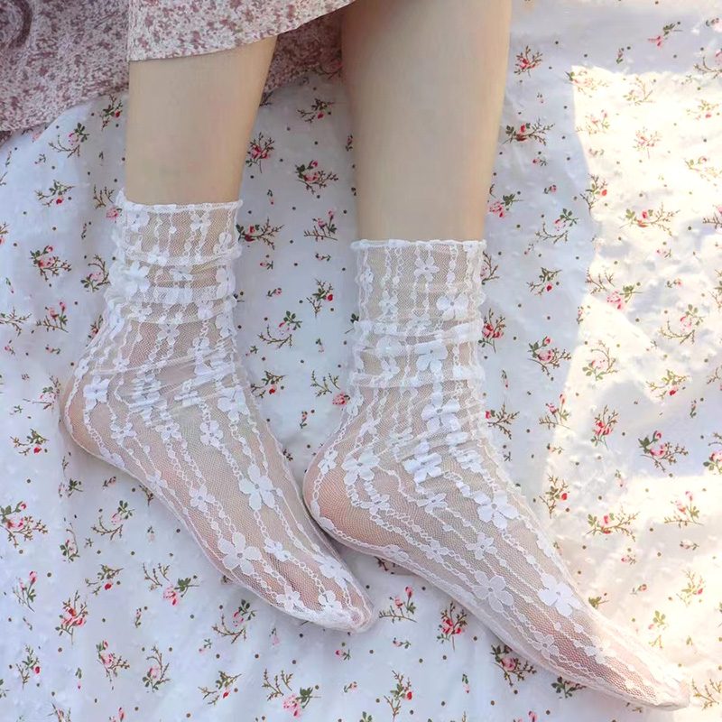 AliExpress Women's Harajuku Kawaii Ladies Breathable Transparent Floral Lace Socks Sweet Mesh Fishnet Socks Soft Funny Socks Hosiery, view 3