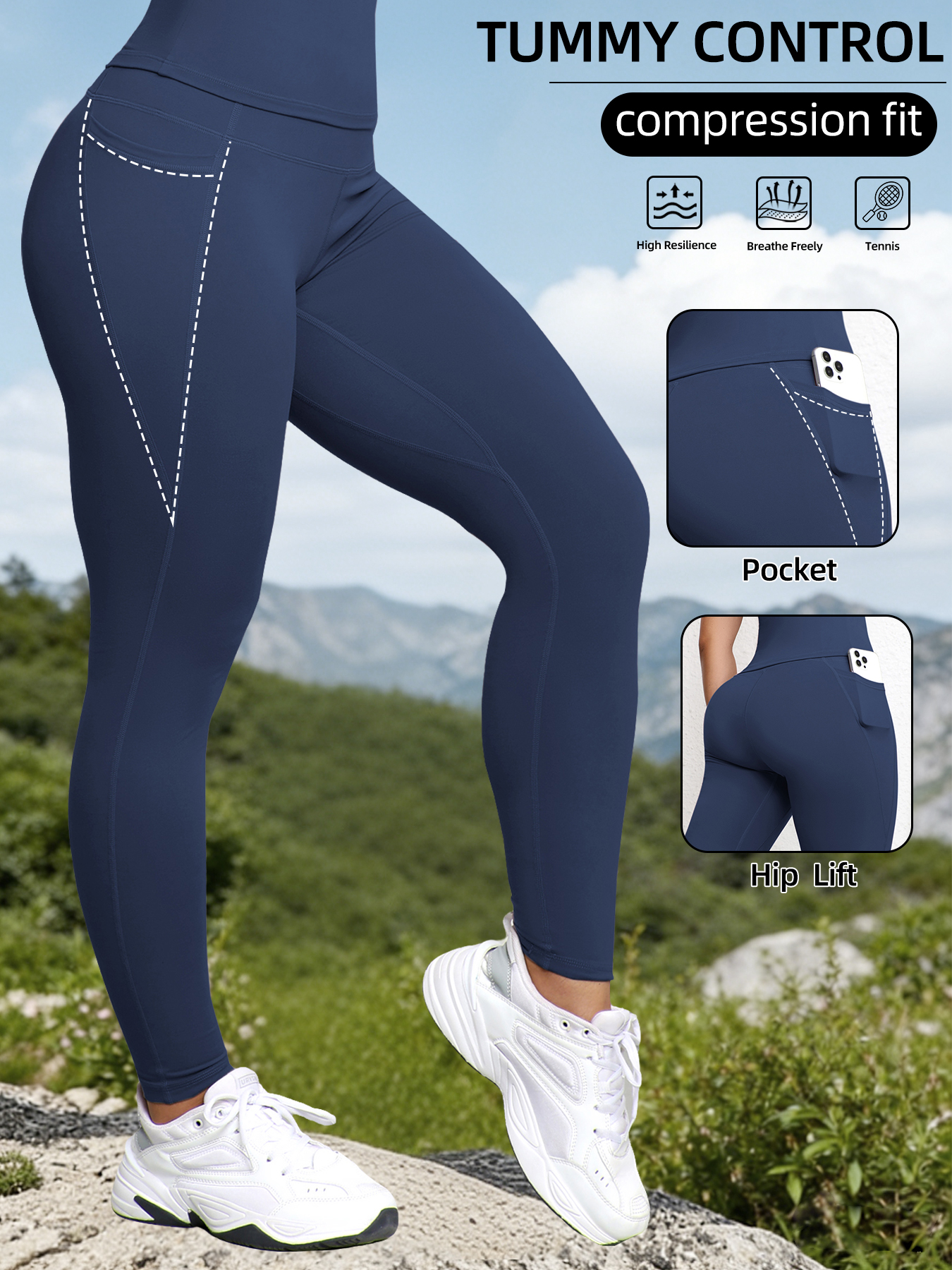 AliExpress Women's High Waist Leggings With Pockets Stretch Yoga Pants Tights Push Up Fitness Running Sportswear Solid Color Pants, view 2