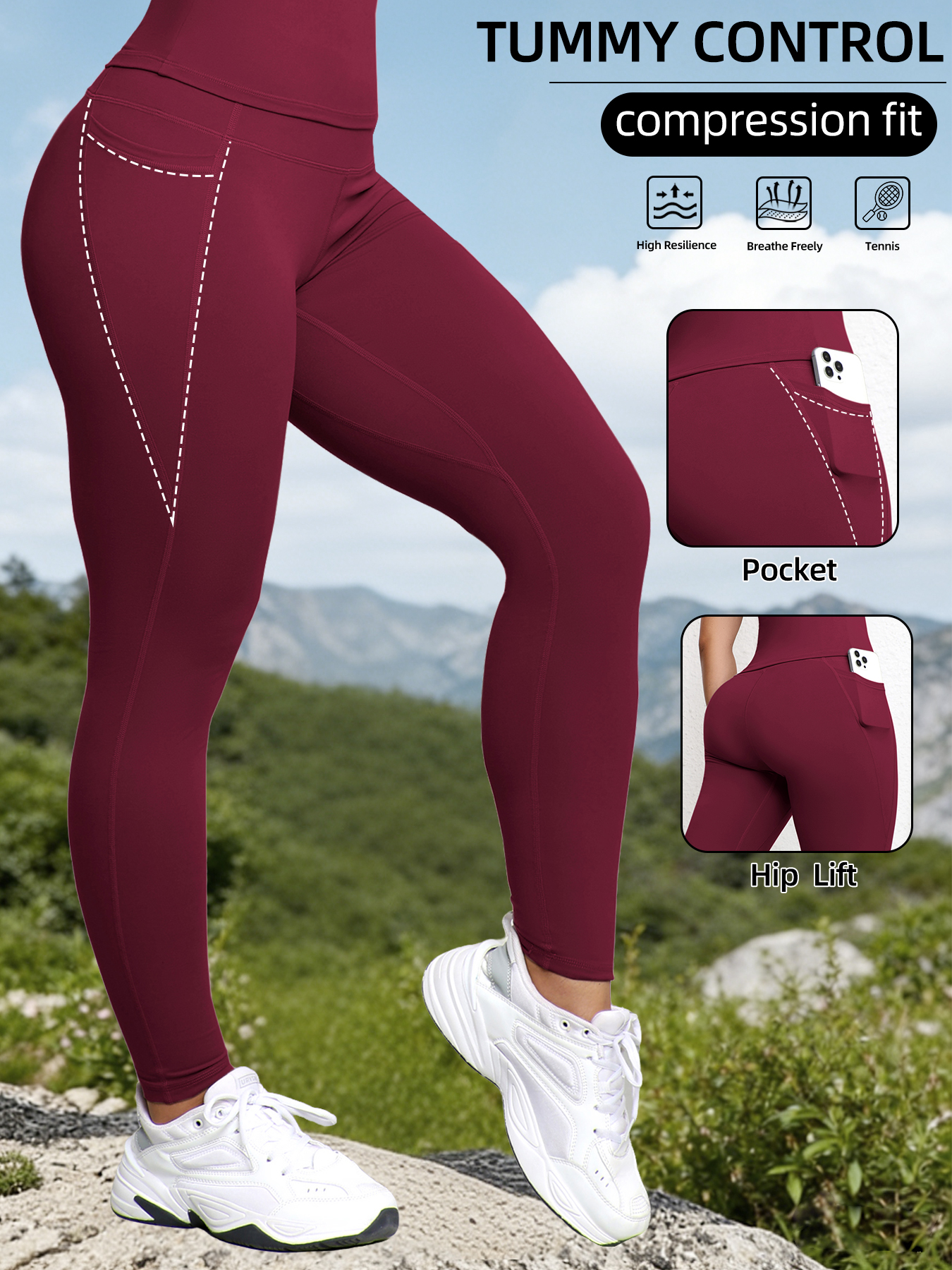 AliExpress Women's High Waist Leggings With Pockets Stretch Yoga Pants Tights Push Up Fitness Running Sportswear Solid Color Pants, view 5