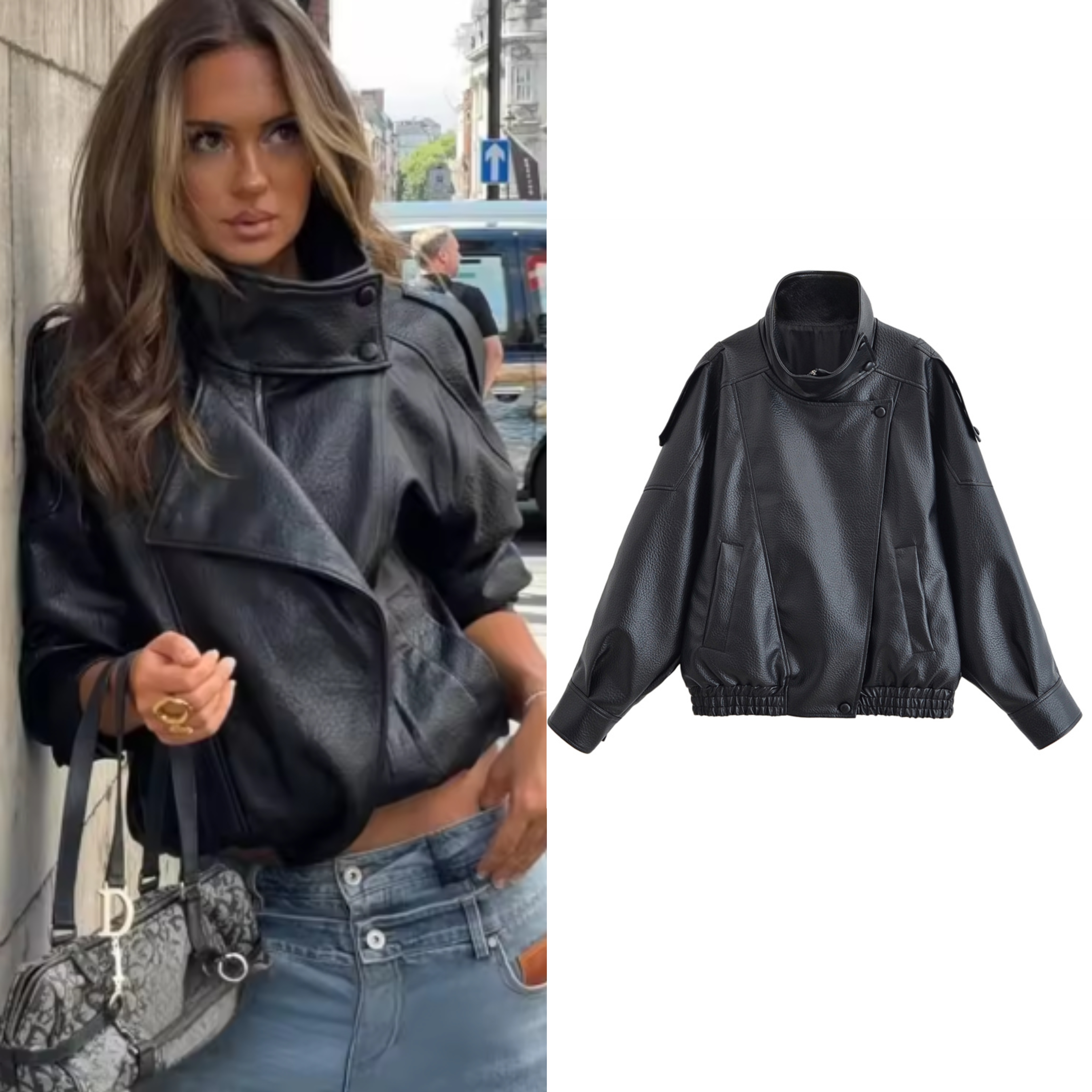 AliExpress Women's Jacket 2026 Autunm  New Black Long Sleeve Pebble Faux Leather Jacket Motorcycle Style Personality Fashion
