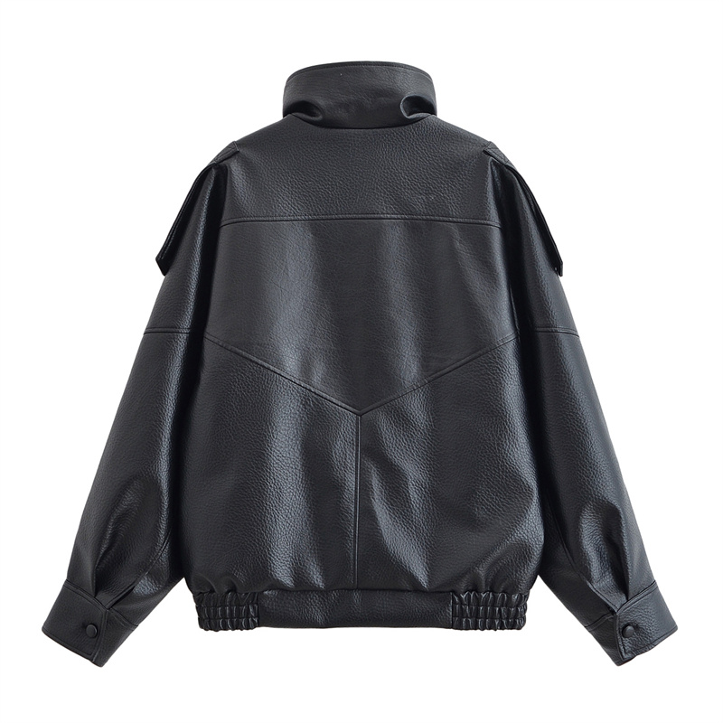 AliExpress Women's Jacket 2026 Autunm  New Black Long Sleeve Pebble Faux Leather Jacket Motorcycle Style Personality Fashion, view 2