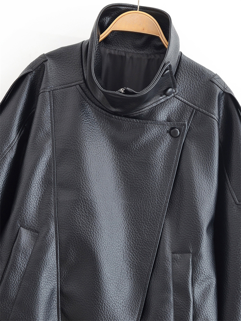 AliExpress Women's Jacket 2026 Autunm  New Black Long Sleeve Pebble Faux Leather Jacket Motorcycle Style Personality Fashion, view 3