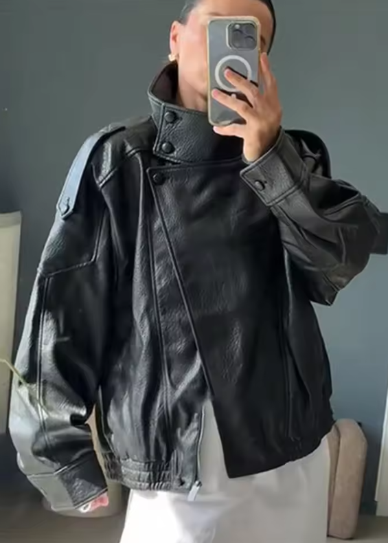 AliExpress Women's Jacket 2026 Autunm  New Black Long Sleeve Pebble Faux Leather Jacket Motorcycle Style Personality Fashion, view 6