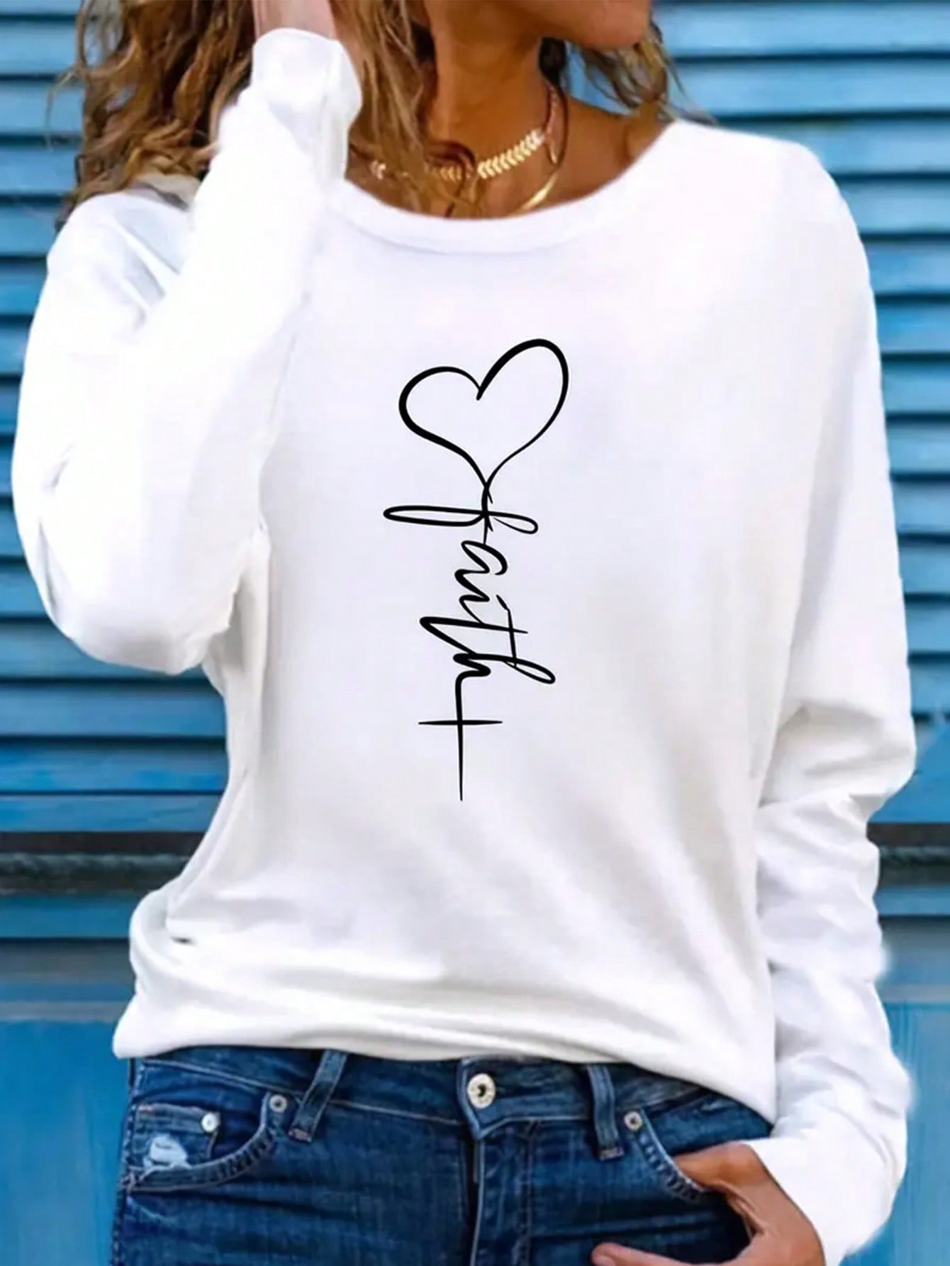 AliExpress Women's Long-Sleeved Loose Round-Neck Top Elegant Solid Color Polyester Knitted T-Shirt Autumn and Winter Fashion Heart Pattern, view 4