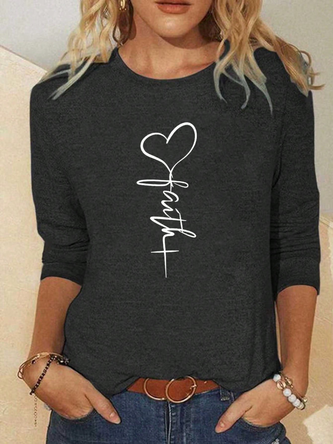 AliExpress Women's Long-Sleeved Loose Round-Neck Top Elegant Solid Color Polyester Knitted T-Shirt Autumn and Winter Fashion Heart Pattern, view 5