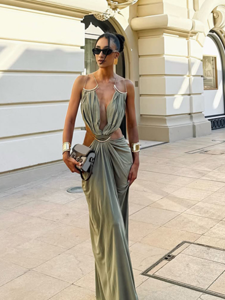 AliExpress Women's Metal Trim Spaghetti Strap Maxi Dress Sexy Deep V Cutout Waist Crisscross Backless Vestidos Beach Evening Party Gown