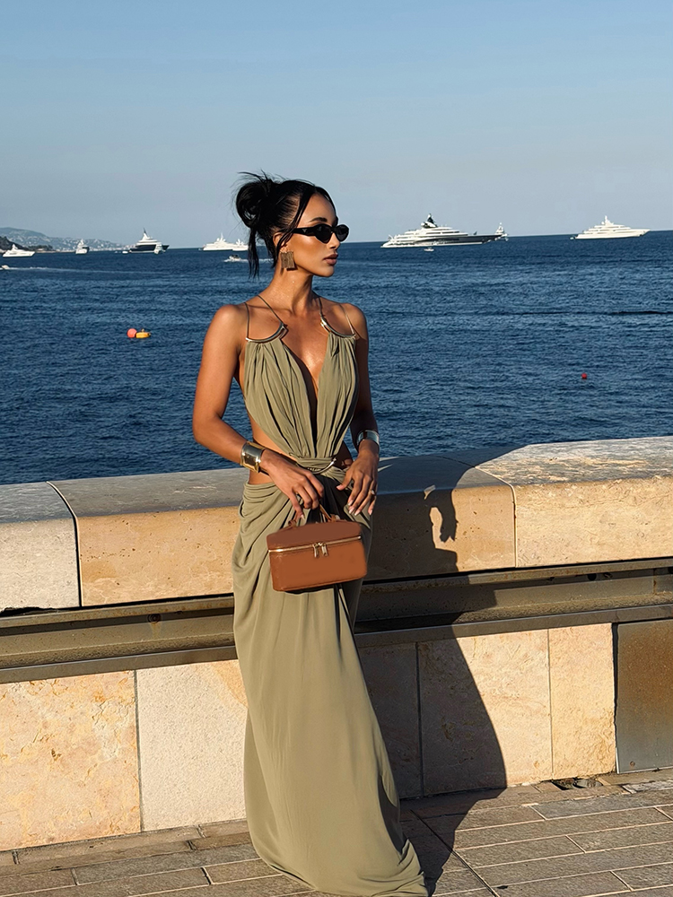 AliExpress Women's Metal Trim Spaghetti Strap Maxi Dress Sexy Deep V Cutout Waist Crisscross Backless Vestidos Beach Evening Party Gown, view 2