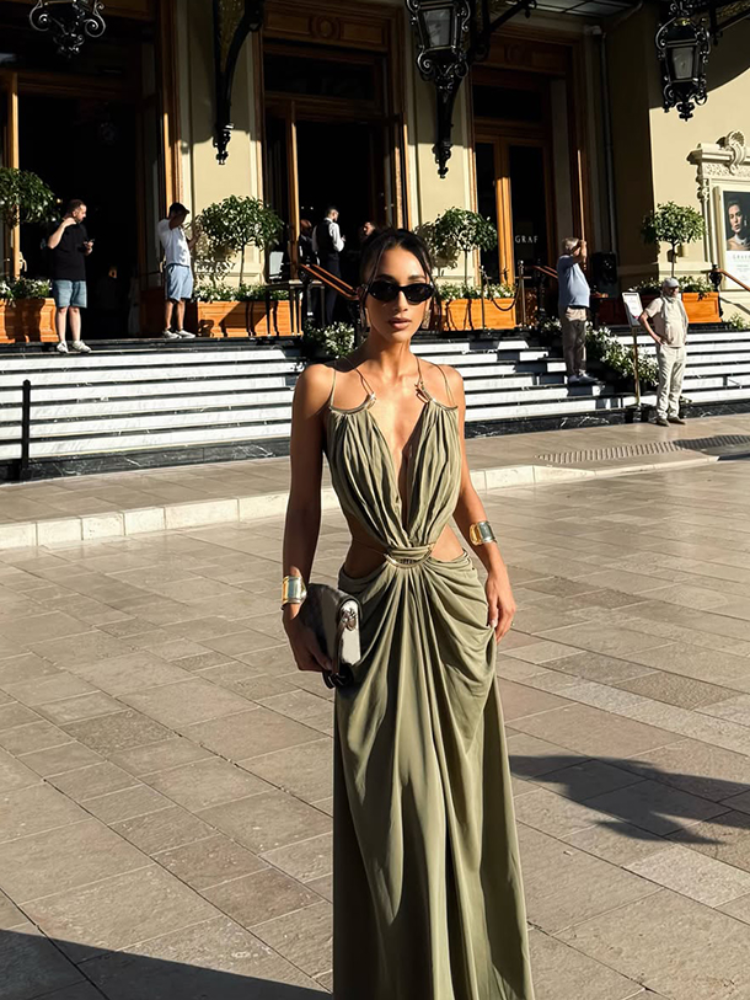 AliExpress Women's Metal Trim Spaghetti Strap Maxi Dress Sexy Deep V Cutout Waist Crisscross Backless Vestidos Beach Evening Party Gown, view 4