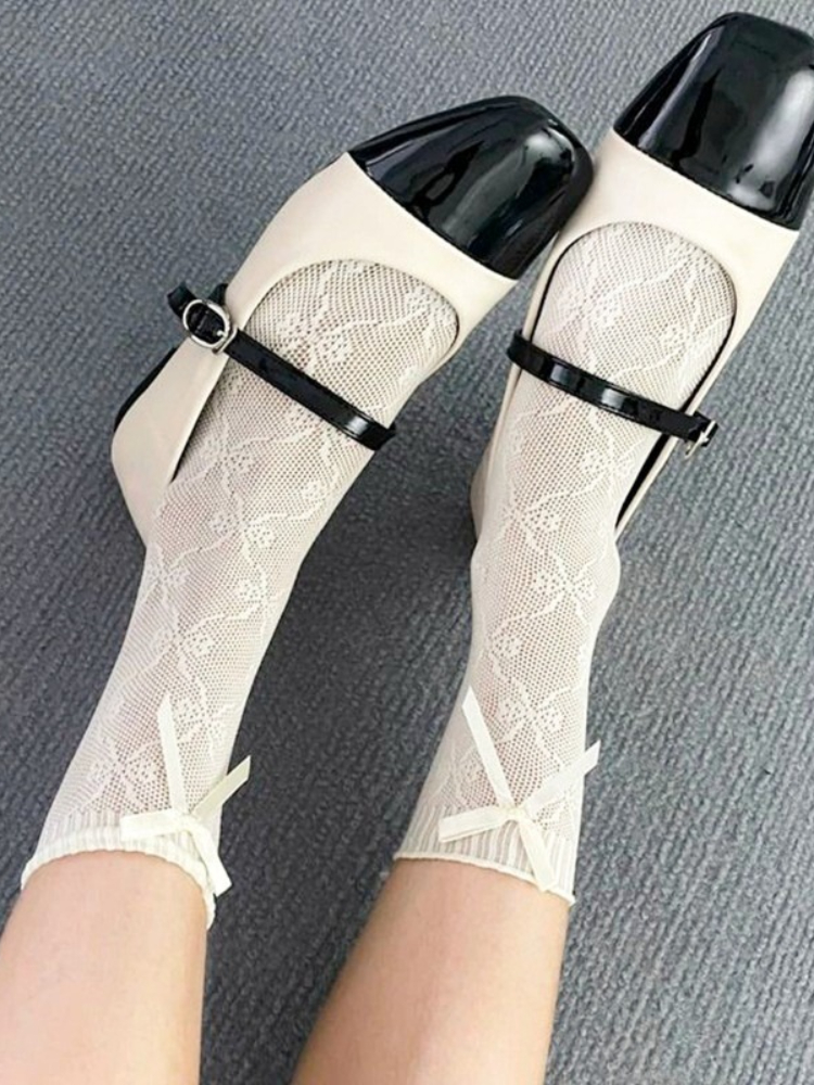 AliExpress Women's New Solid Color Bowknot Thin Socks Ballet Style Hollow Ankle Socks Japanese Cute Lolita Mesh Breathable Lace Stockings, view 6