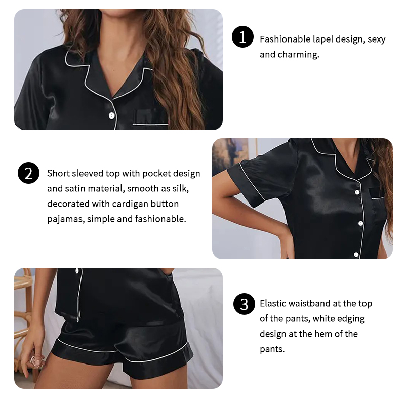 AliExpress Women's Pajamas Set Satin Sleepwear Button Down Tops and Shorts Pajama 2 Piece Suit Pyjama Femme Nightwear Loungewear for Summer, view 5