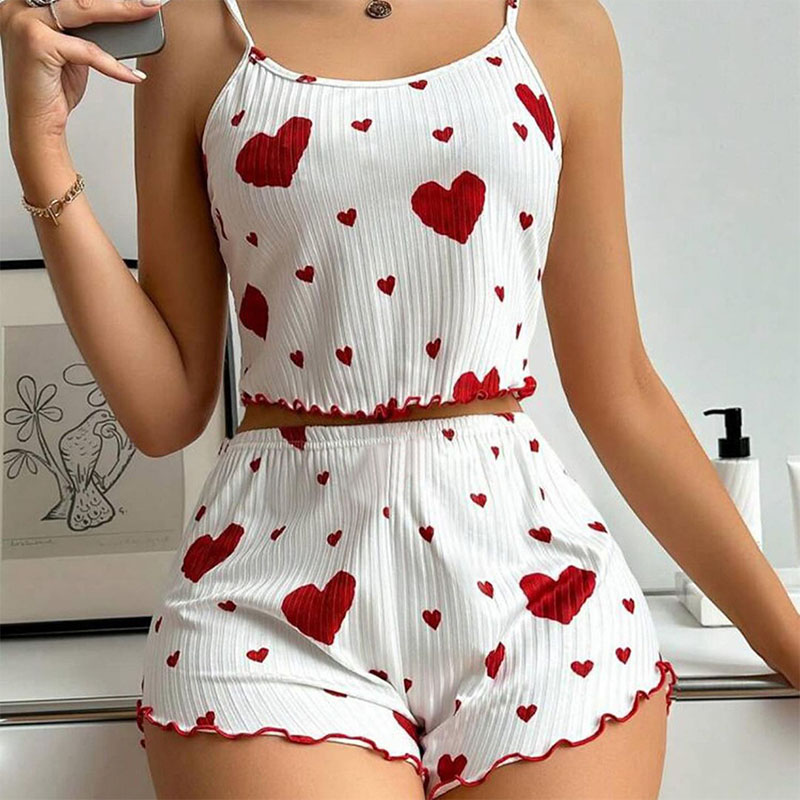 AliExpress Women's Pajamas Set Sleepwear 2 PCS Short Tank Tops And Shorts S M L White Ventilate Soft Casual Love Printing