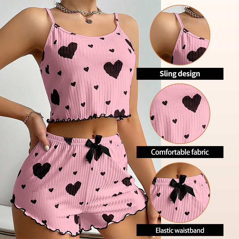 AliExpress Women's Pajamas Set Sleepwear 2 PCS Short Tank Tops And Shorts S M L White Ventilate Soft Casual Love Printing, view 3