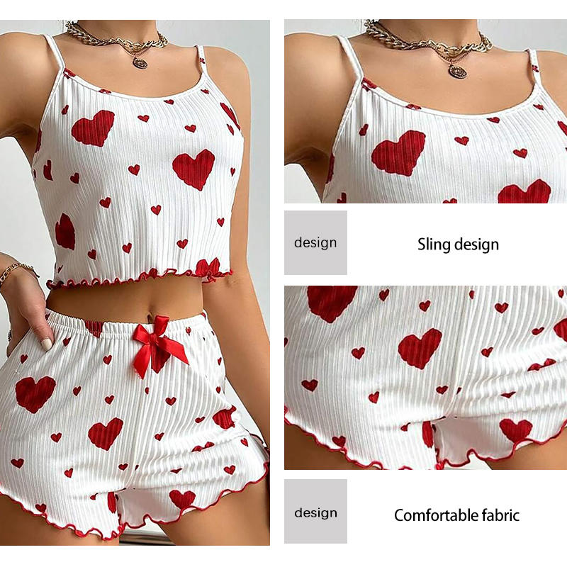 AliExpress Women's Pajamas Set Sleepwear 2 PCS Short Tank Tops And Shorts S M L White Ventilate Soft Casual Love Printing, view 4