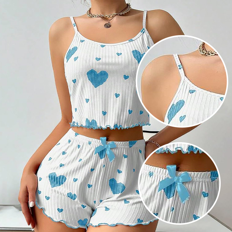 AliExpress Women's Pajamas Set Sleepwear 2 PCS Short Tank Tops And Shorts S M L White Ventilate Soft Casual Love Printing, view 6