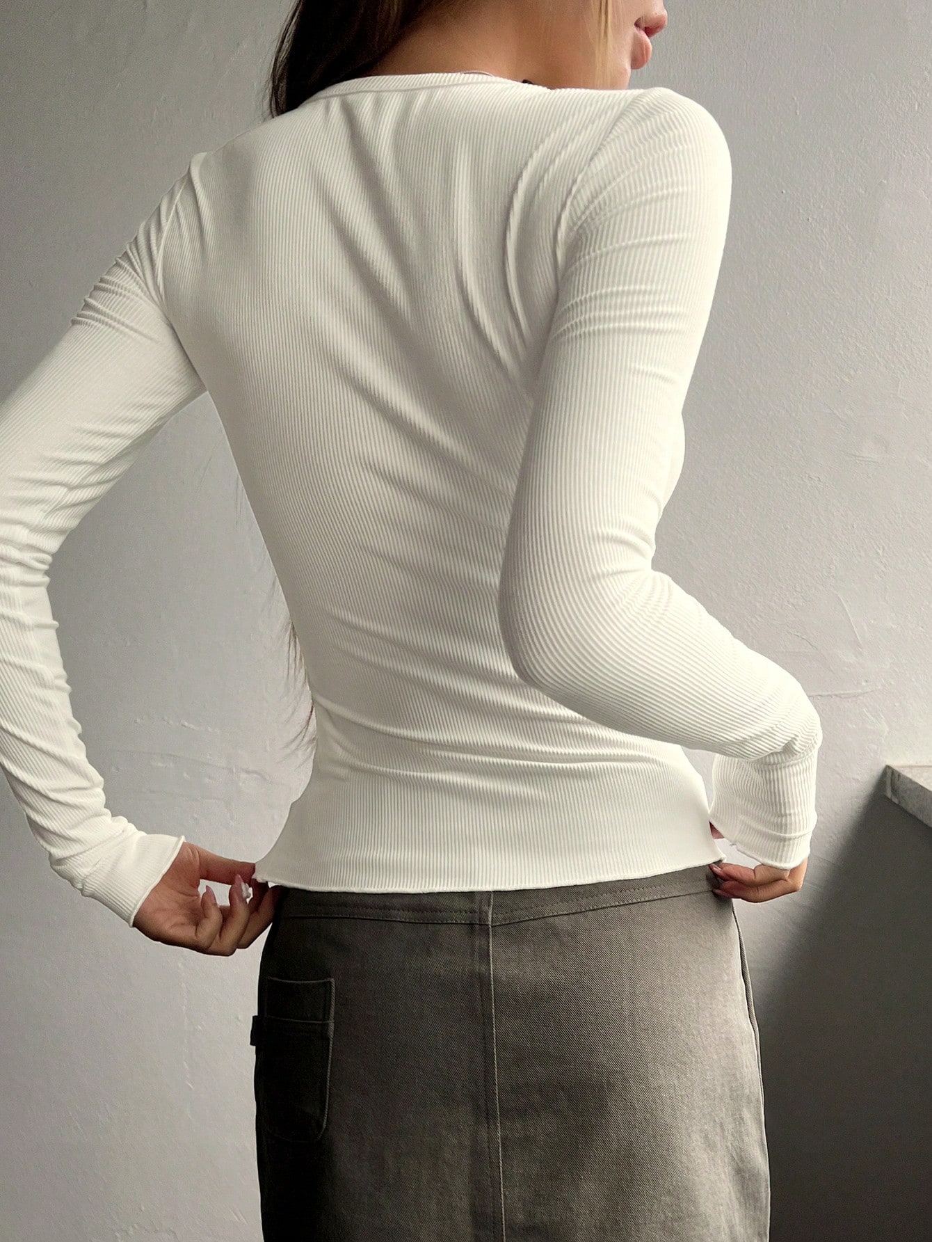 AliExpress Women's Plain Half Button Front Ribbed Tee, Fashion Top, Casual Fit Long Sleeve Round Neck T shirt, view 2