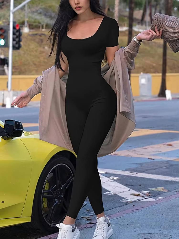 AliExpress Women's Rompers Short Sleeve Solid Skinny Bodycon Jumpsuits Fashion Sports Fitness Casual Activity Streetwear Overalls