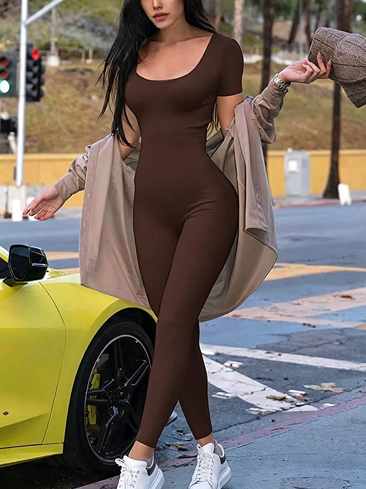 AliExpress Women's Rompers Short Sleeve Solid Skinny Bodycon Jumpsuits Fashion Sports Fitness Casual Activity Streetwear Overalls, view 5