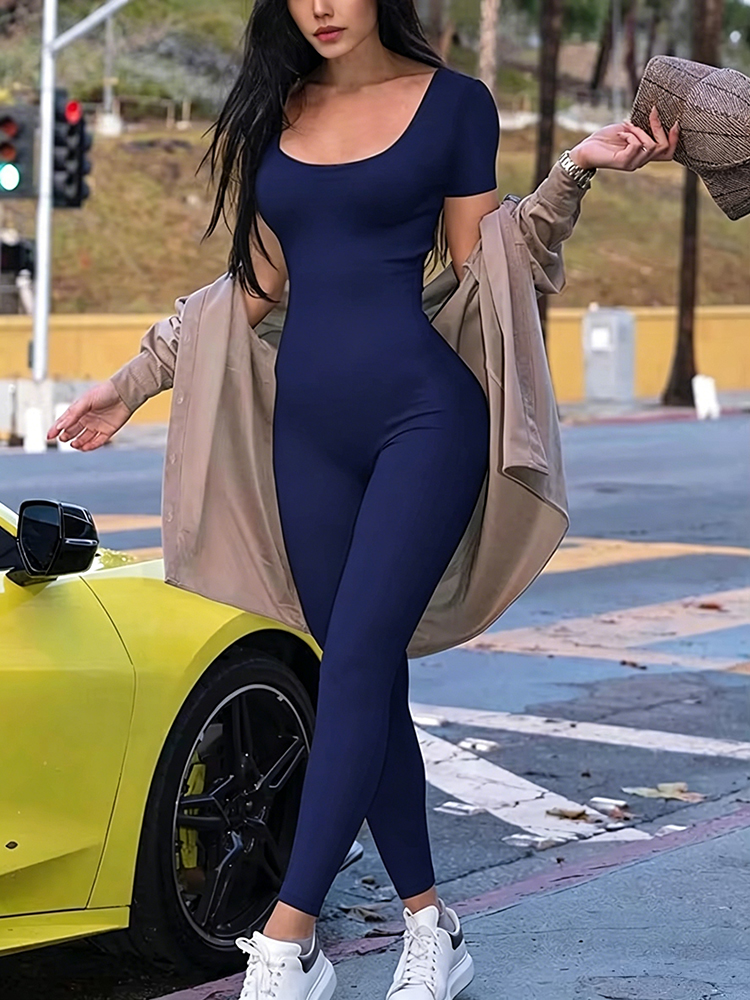 AliExpress Women's Rompers Short Sleeve Solid Skinny Bodycon Jumpsuits Fashion Sports Fitness Casual Activity Streetwear Overalls, view 6