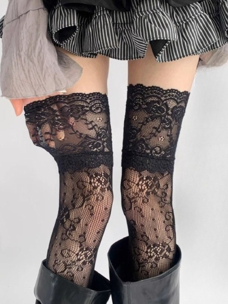 AliExpress Women's Sexy Lace Trim Nylon Fishnet Stockings Retro Floral Sweet Mesh Breathable Thigh High Long Socks JK Over The Knee Socks