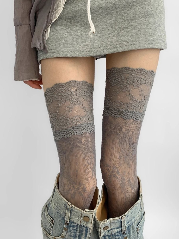 AliExpress Women's Sexy Lace Trim Nylon Fishnet Stockings Retro Floral Sweet Mesh Breathable Thigh High Long Socks JK Over The Knee Socks, view 2