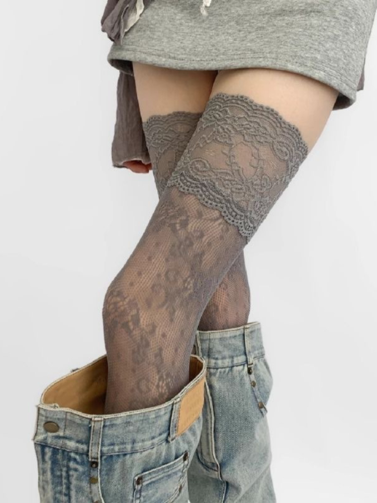 AliExpress Women's Sexy Lace Trim Nylon Fishnet Stockings Retro Floral Sweet Mesh Breathable Thigh High Long Socks JK Over The Knee Socks, view 3
