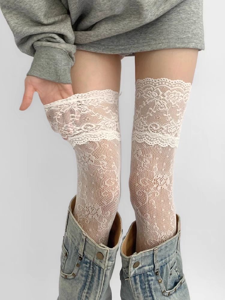 AliExpress Women's Sexy Lace Trim Nylon Fishnet Stockings Retro Floral Sweet Mesh Breathable Thigh High Long Socks JK Over The Knee Socks, view 4