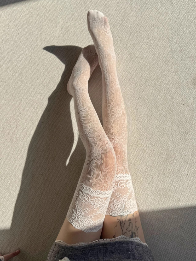 AliExpress Women's Sexy Lace Trim Nylon Fishnet Stockings Retro Floral Sweet Mesh Breathable Thigh High Long Socks JK Over The Knee Socks, view 6