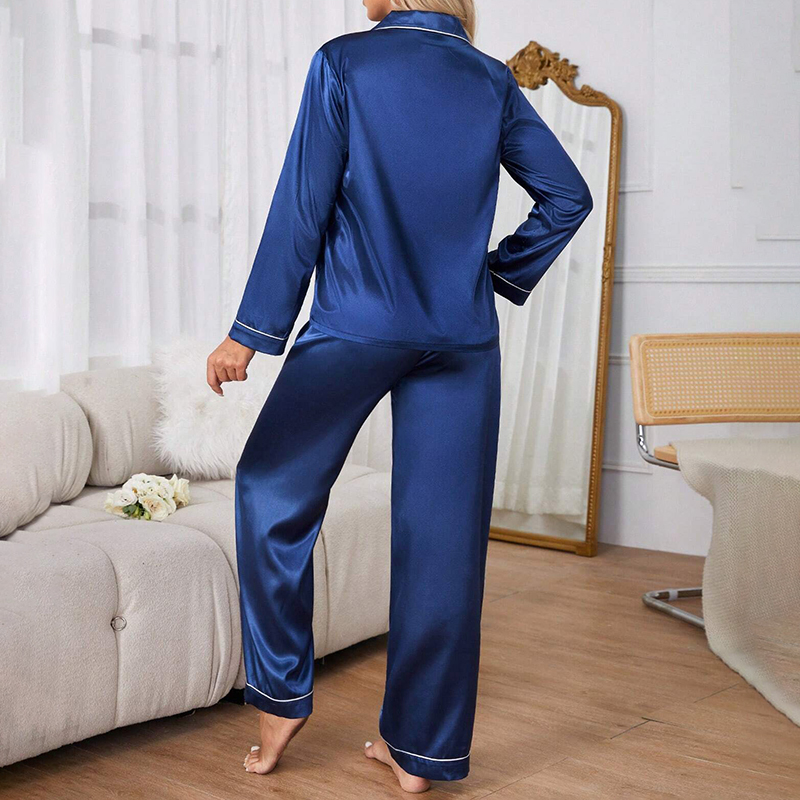 AliExpress Women's Sleepwear Simple Satin Pajama Set Long Sleeve Buttons Lapel Top With Elastic Pants Loungewear Nightwear 2 Piece Nighty, view 2