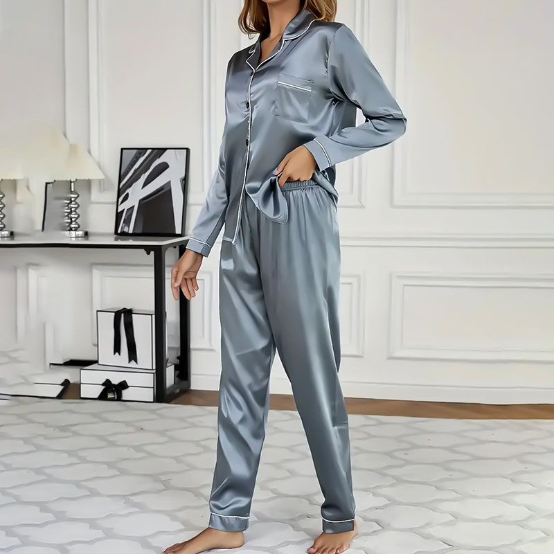 AliExpress Women's Sleepwear Simple Satin Pajama Set Long Sleeve Buttons Lapel Top With Elastic Pants Loungewear Nightwear 2 Piece Nighty, view 4
