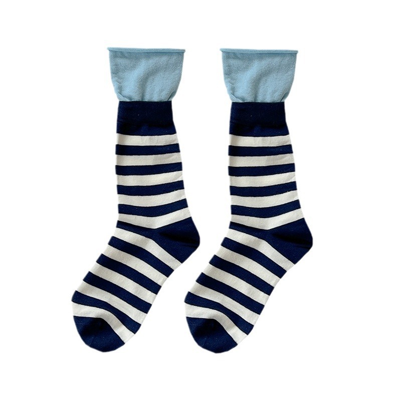 AliExpress Women's Socks Japanese Striped Contrasting Dopamine Kawaii Rolled Edge Sports Mid Tube Socks Comfortable Breathable Cotton Socks, view 6