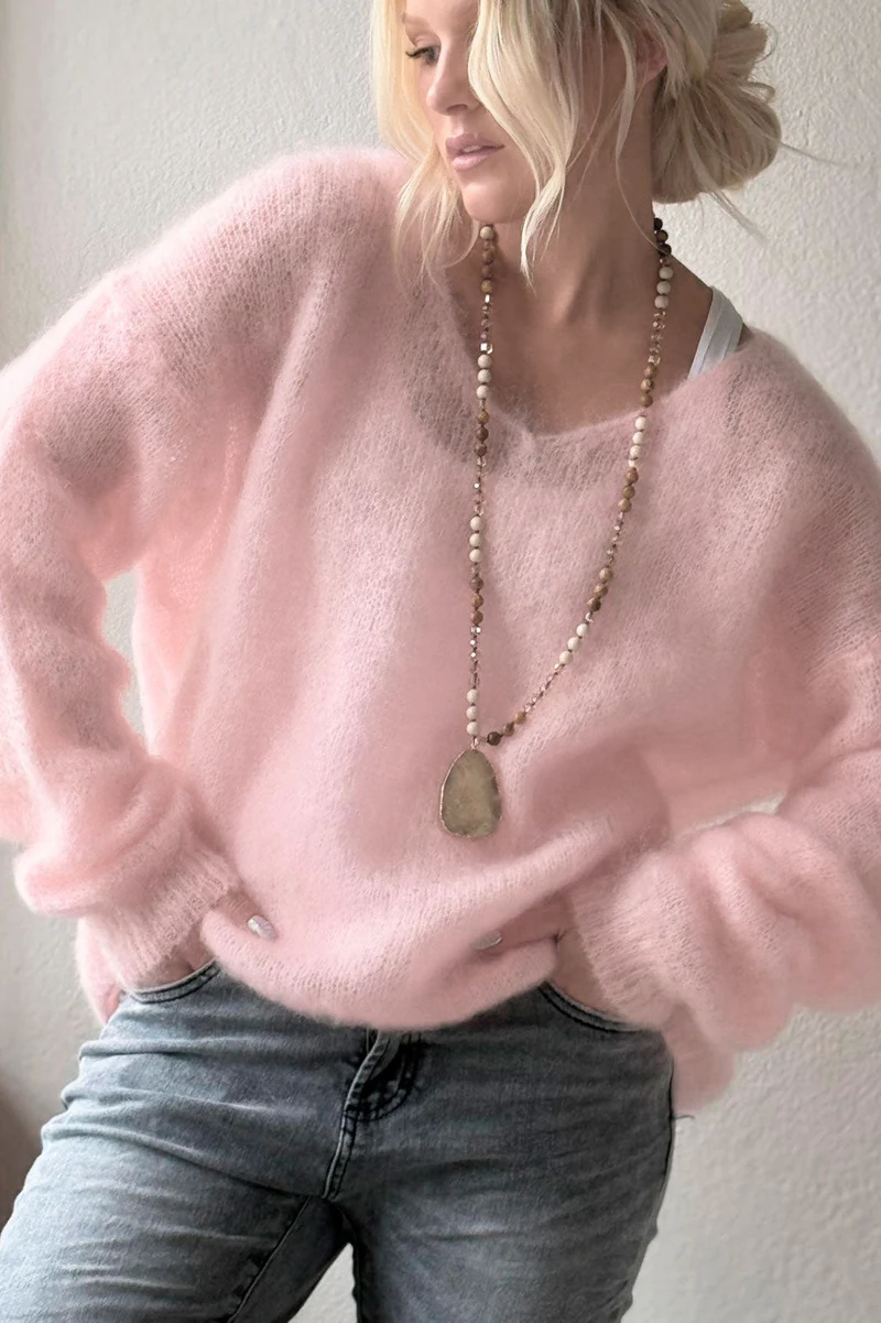 AliExpress Women'S Soft V Neck Pullover Sweater Casual Detail Light Pink Loose Fit for Spring Fall Spring
