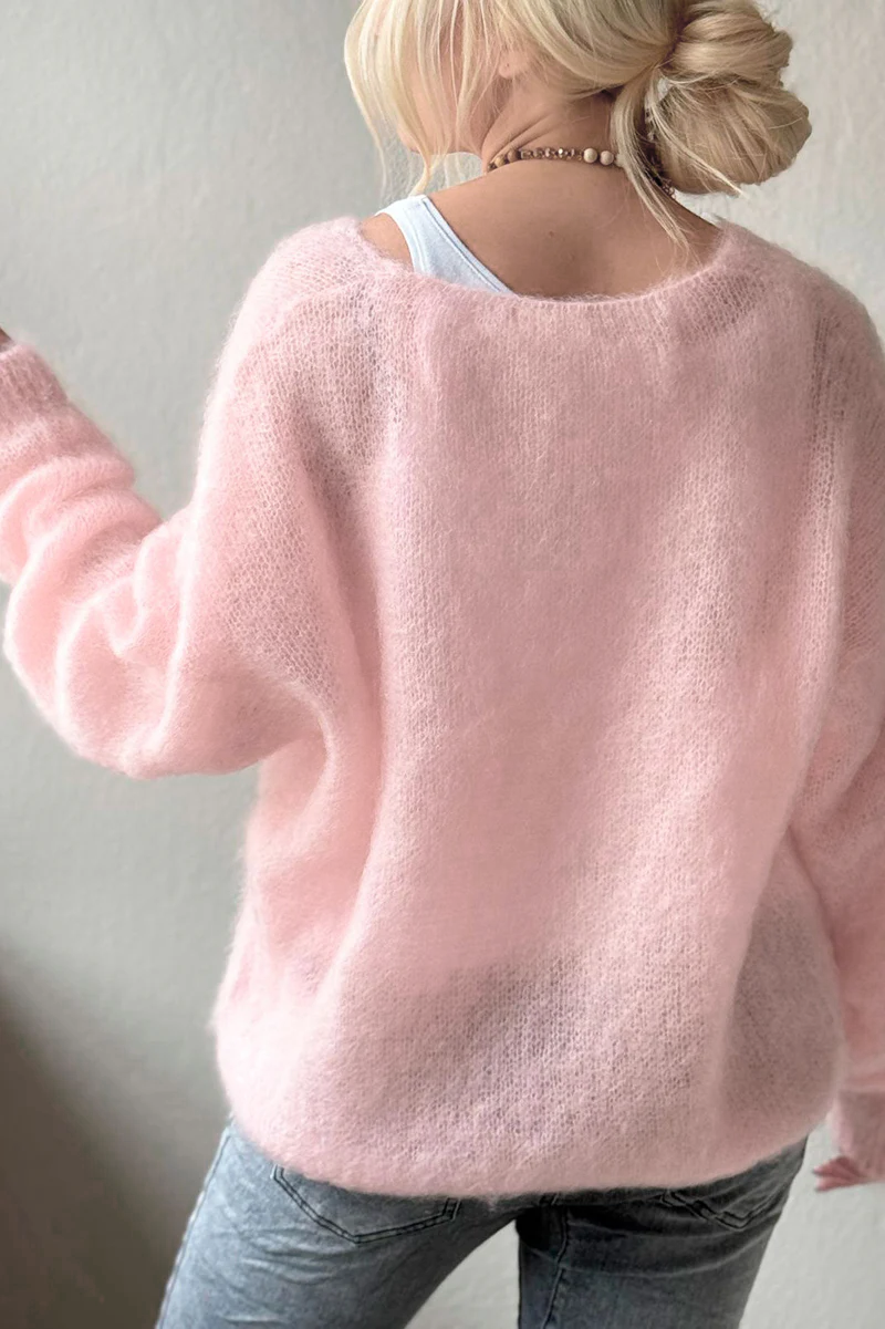 AliExpress Women'S Soft V Neck Pullover Sweater Casual Detail Light Pink Loose Fit for Spring Fall Spring, view 3