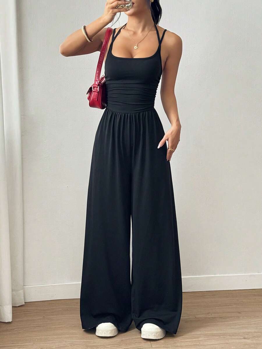 AliExpress Women's Summer Black Casual Pleated Loose Straight-Leg Jumpsuit, Adjustable Halter Neck Tie