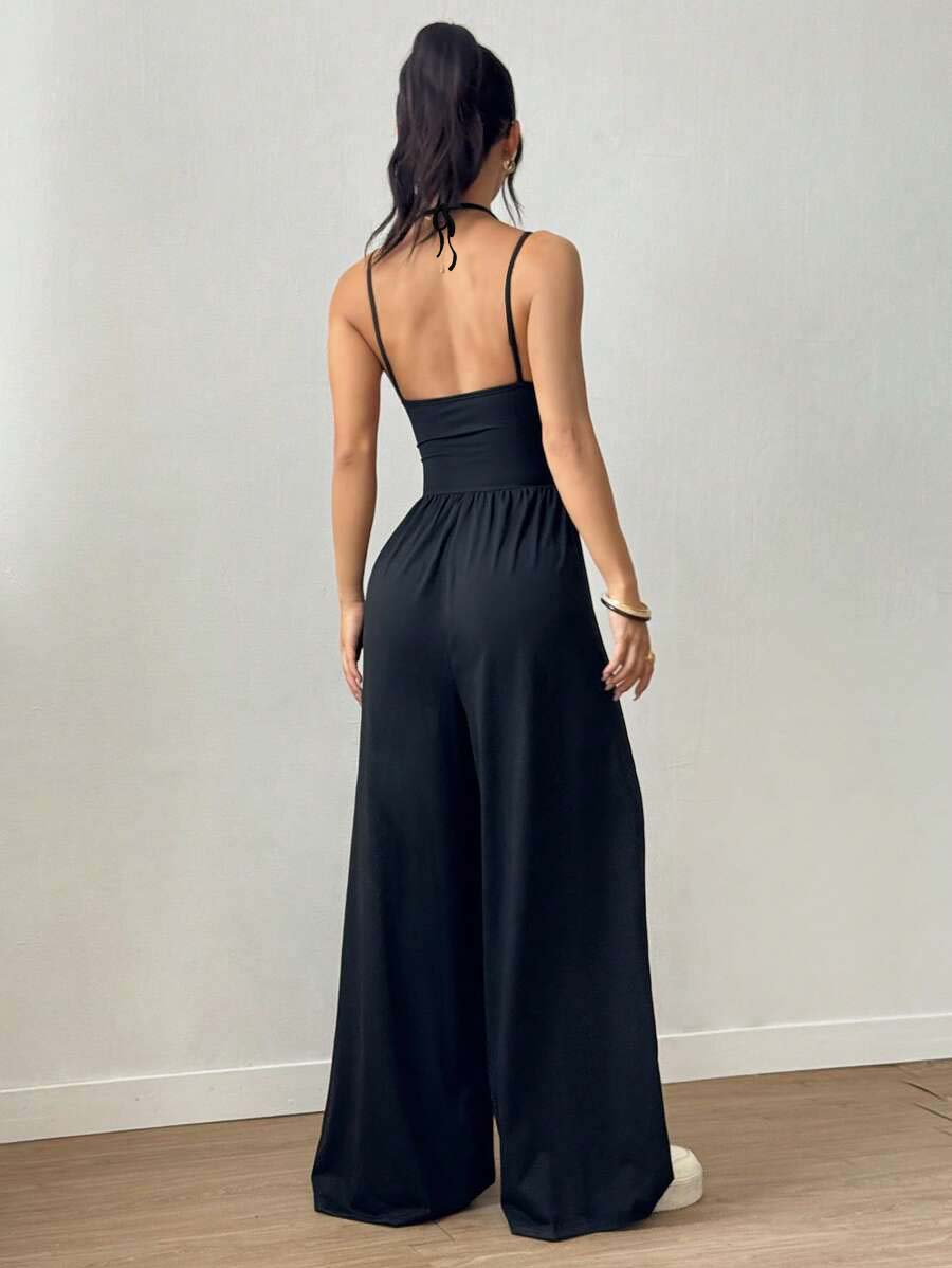 AliExpress Women's Summer Black Casual Pleated Loose Straight-Leg Jumpsuit, Adjustable Halter Neck Tie, view 2