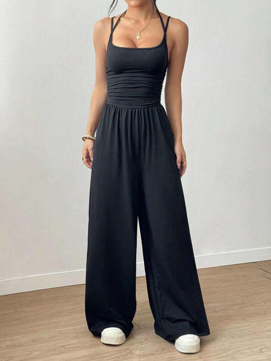 AliExpress Women's Summer Black Casual Pleated Loose Straight-Leg Jumpsuit, Adjustable Halter Neck Tie, view 3