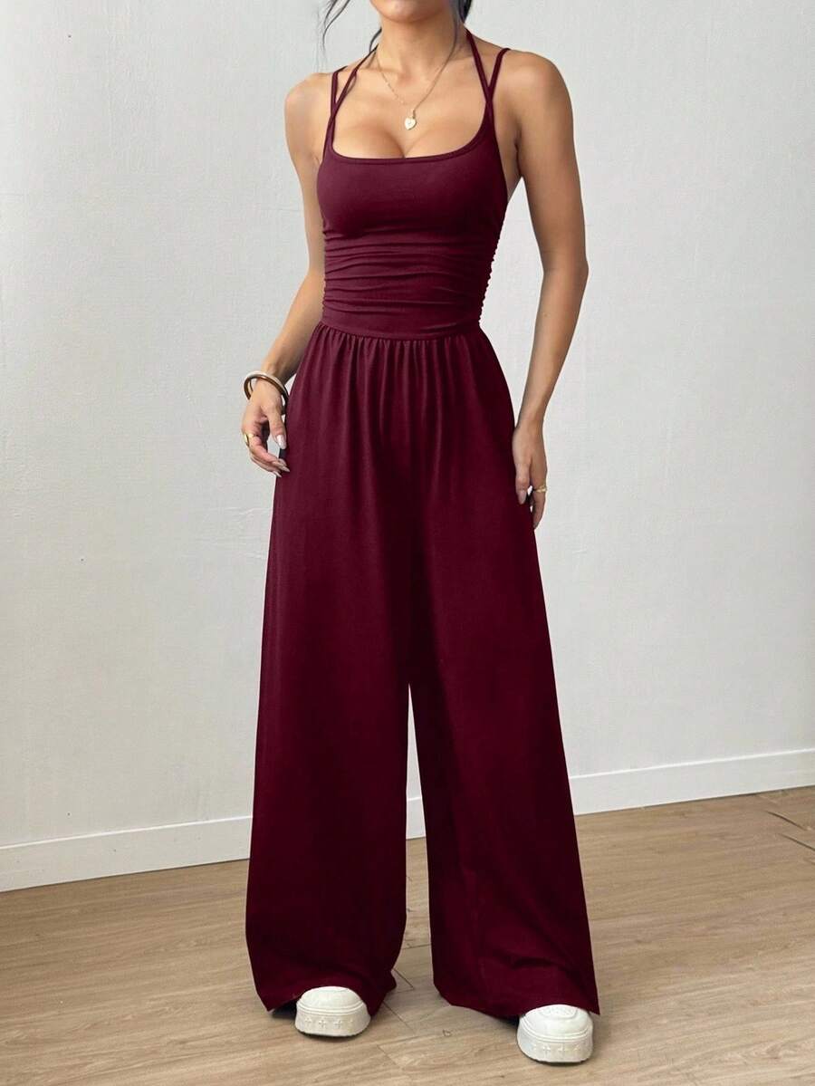 AliExpress Women's Summer Black Casual Pleated Loose Straight-Leg Jumpsuit, Adjustable Halter Neck Tie, view 5
