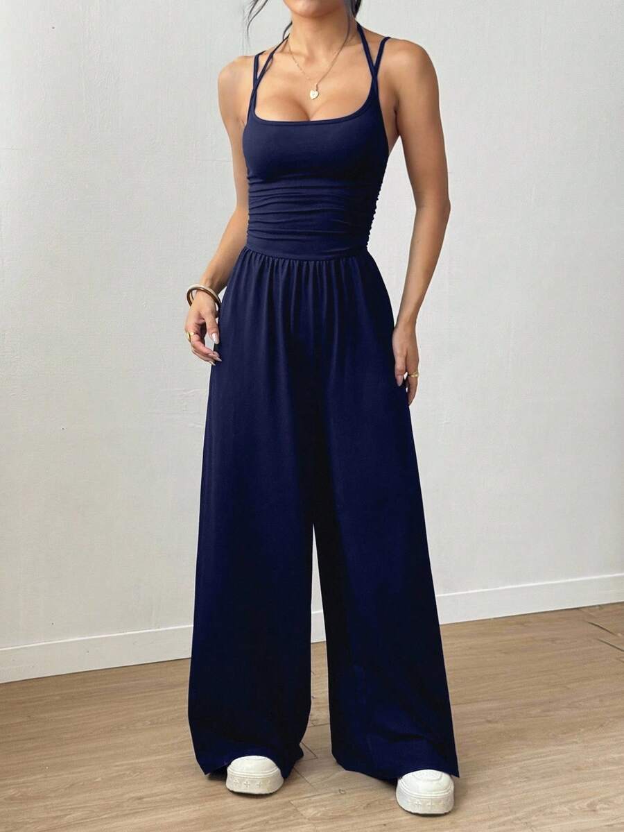 AliExpress Women's Summer Black Casual Pleated Loose Straight-Leg Jumpsuit, Adjustable Halter Neck Tie, view 6
