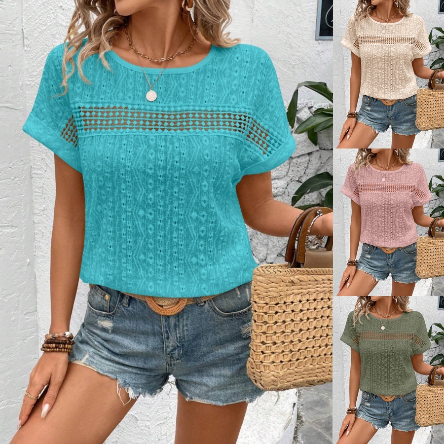 AliExpress Women's Summer Blouse Fashion Elegant Short Sleeve Hollow Out Shirts Casual Solid O-Neck Loose Shirt Plus Size Tops 2025 Clothes