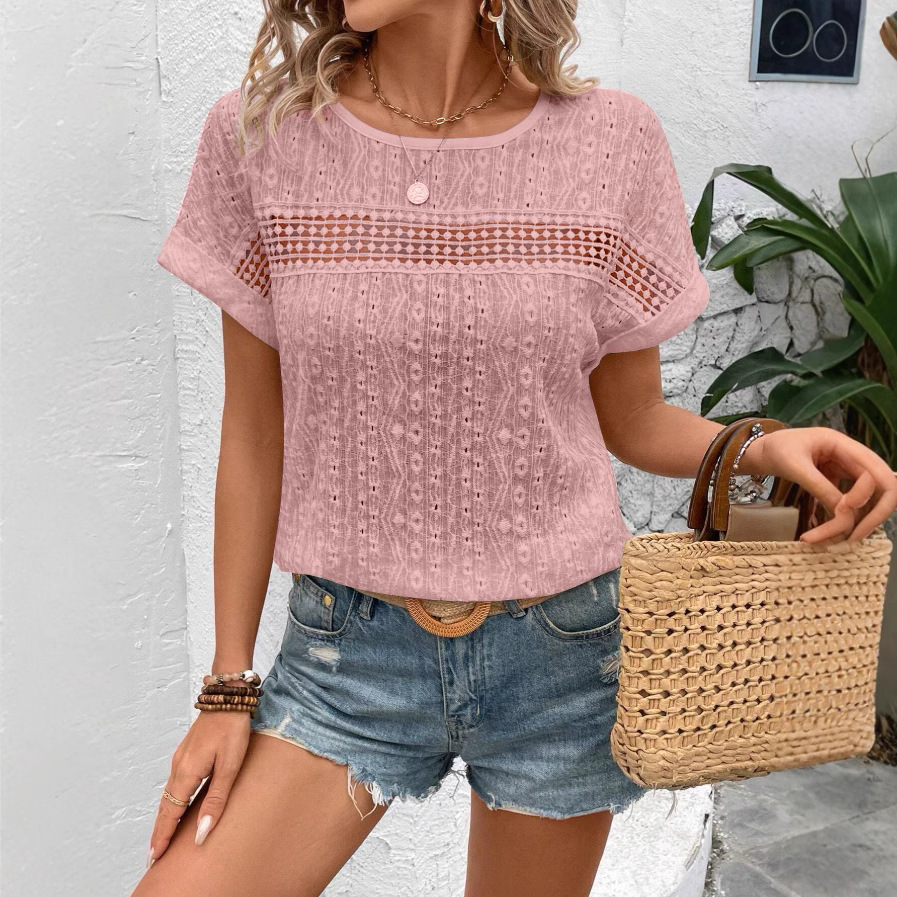 AliExpress Women's Summer Blouse Fashion Elegant Short Sleeve Hollow Out Shirts Casual Solid O-Neck Loose Shirt Plus Size Tops 2025 Clothes, view 3