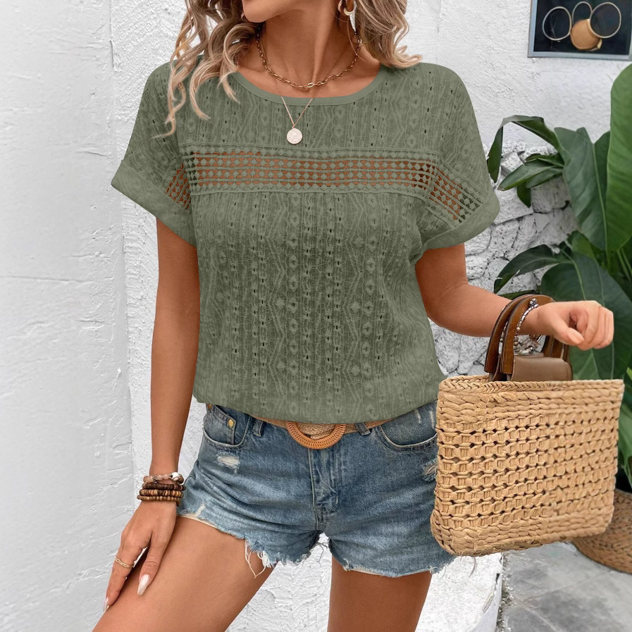 AliExpress Women's Summer Blouse Fashion Elegant Short Sleeve Hollow Out Shirts Casual Solid O-Neck Loose Shirt Plus Size Tops 2025 Clothes, view 5