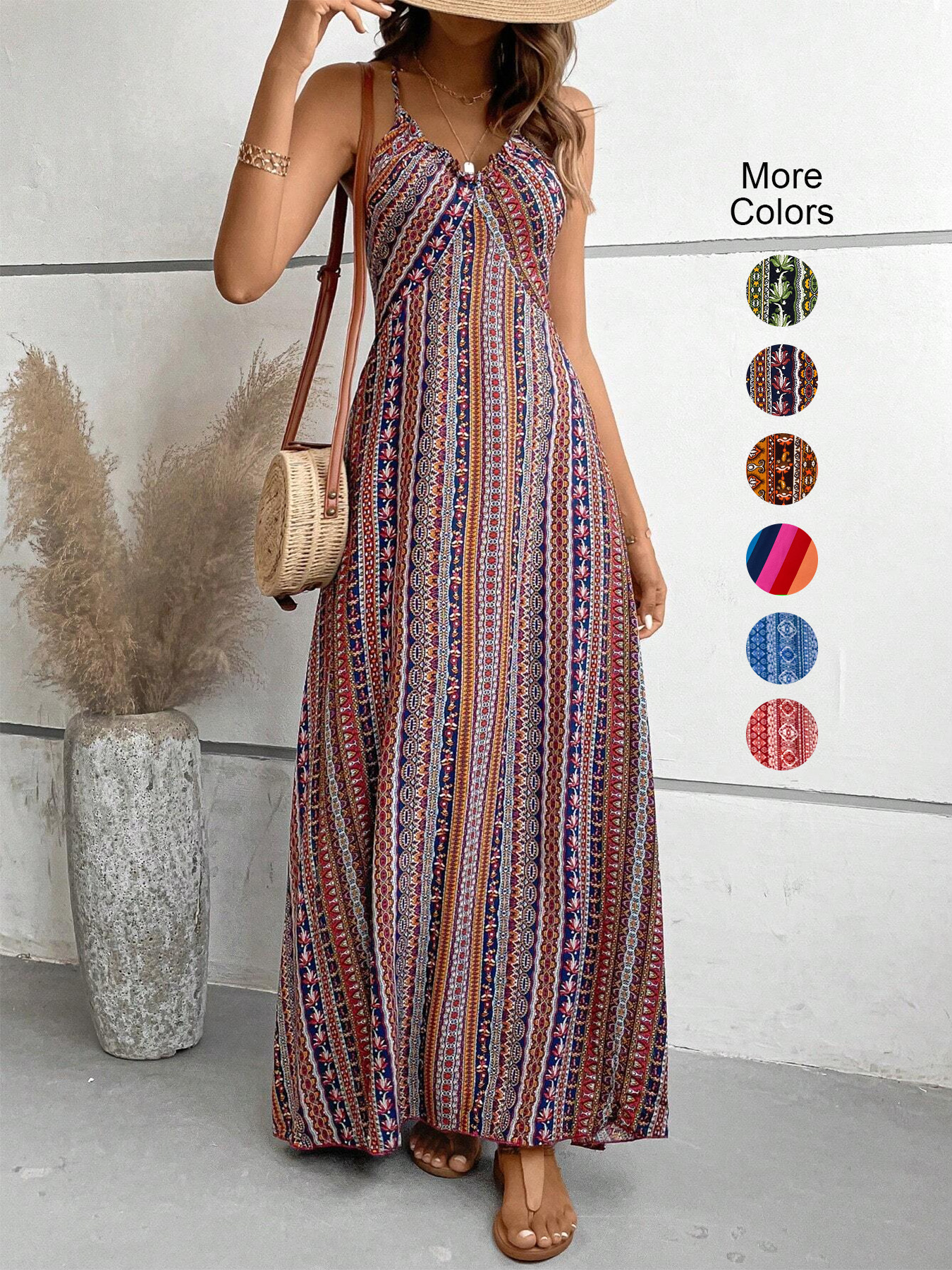 AliExpress Women's Summer Ethnic Pattern Backless Split Thigh Dress Ladies Summer Clothes Boho Fashion Frill Trim Long Dress for Beach